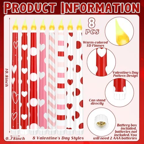 Lounsweer 8 Pcs Valentines Day Flameless Taper Candles 10 Inch LED Valentines Day Flameless Candle Pink Red and White Heart Battery Operated Long Unscented Candlesticks for Anniversary Party Table - Image 6