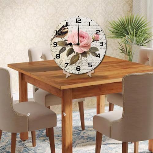 Love Birds Roses Flowers Wooden Silent Non-Ticking 10 Inch Round Clocks Battery Operated Analog for Living Room Kitchen Bedroom Bathroom Office Home School Decor