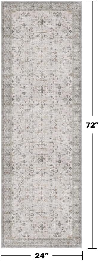 Washable Neutral 2x6 Bathroom Runner Rug, Vintage Kitchen Floor Mat for Indoor Entrance and Bedroom, Light Gray & Sage Geometric Runner Rug Decor, Low Pile Stain Resistant