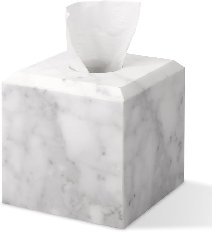 Natural Marble Square Tissue Box Cover ,Stone Modern Decorative Sturdy Napkin Box Holder Case,Facial Paper Organizer for Bathroom Vanity Toilet Countertop,Kitchen (1, Carrara White, 5.71*5.71*5.51)