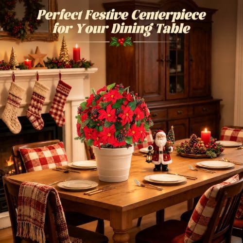 2PCS Poinsettia Pine Cone Topiary Trees with Spike Christmas Decor - Image 6