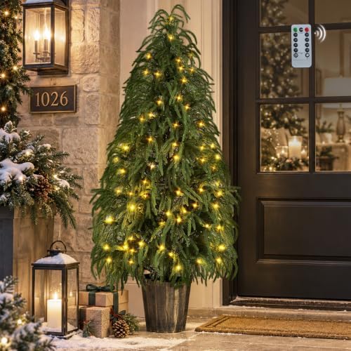 BLOSMON 5 ft Norfolk Pine Christmas Tree for Outdoor Porch, Pre Lit by Blosmon