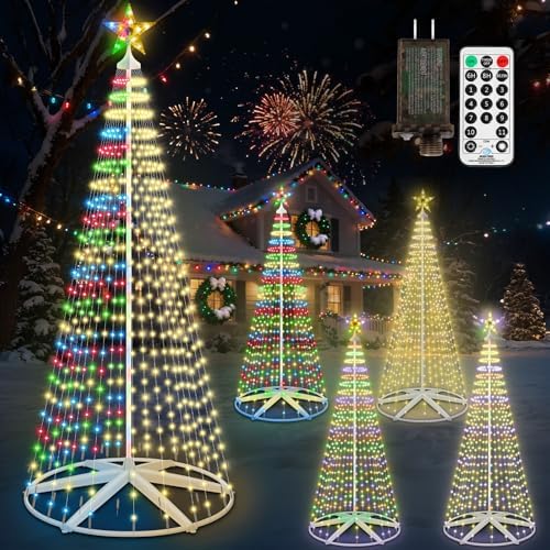 8FT Pre-lit Cone Christmas Tree Outdoor, 444 LED Lighted Christmas Tree with Remote, Timer, 11 Lighting Modes, IP65 Waterproof, Multicolor & Warm White for Yard Garden Patio Decor by JORETLE