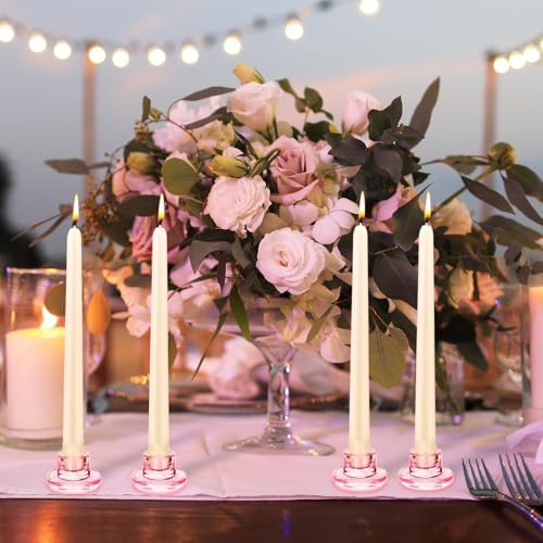 24 PCS Glass Taper Candle Holders Bulk Pink Candlestick Holders Clear Short Tapered Candle Stick Holder Decor Set for Table Centerpiece Wedding Party Advent Christmas Home Decorations - Image 4
