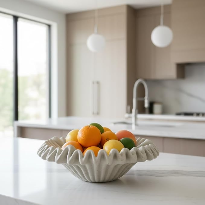 Large Decorative Bowl decor, Scalloped Pedestal Bowls for Modern Home Decor,Ruffle Decor,Stylish Key Bowl for Entry Table,Decorative Fruit Bowl for Kitchen Counter,Light Gray
