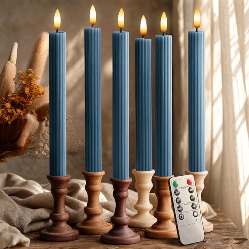 6 Pack, 10" LED Flameless Real Wax Blue Fluted Ribbed Grooved Taper Candles, Remote & 24h Timer Memory, On/Off Button, Dimmable, Flicker Mode, Battery Operated, Wedding by WestIvory