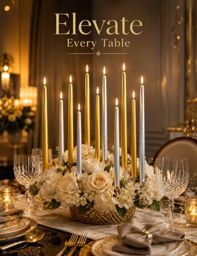 10 Inch Metallic Taper Candles - 6 Gold and 6 Silver, 7-8 Hrs Long Burning, Dripless Smokeless Unscented Candlesticks, Premium Wax Blend for Wedding Christmas Dinner Parties and Luxury Home Decor - Image 6