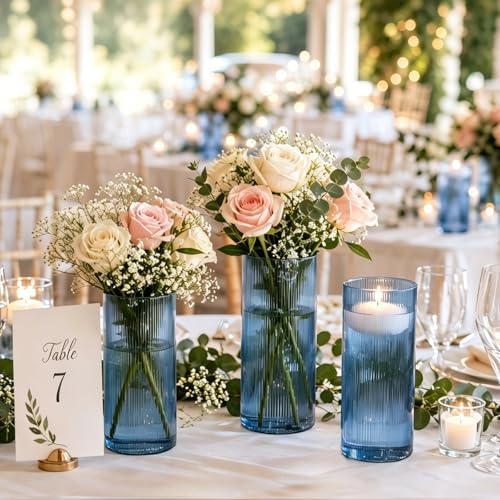 Glass Cylinder Vases, Blue, 8 Inch Tall, Set of 3 - Image 2