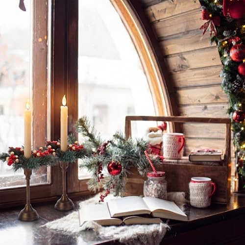 Daifunli 2 Pcs Christmas Gold Ball Red Berry Pine Needle Candle Ring Artificial Berry Bell Wreaths for Pillar 1.25 Inch Candle Holder for Winter Christmas Country Wedding Table Centerpiece Decor - Image 4