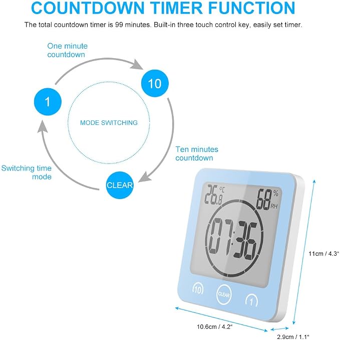 Digital Bathroom Shower Wall Clock Timer, LCD Digital Wall Clock with Suction Waterproof Temperature Humidity Gauge, Touch Screen Timer, Large Countdown Visual Timer Hanging Wall Clock
