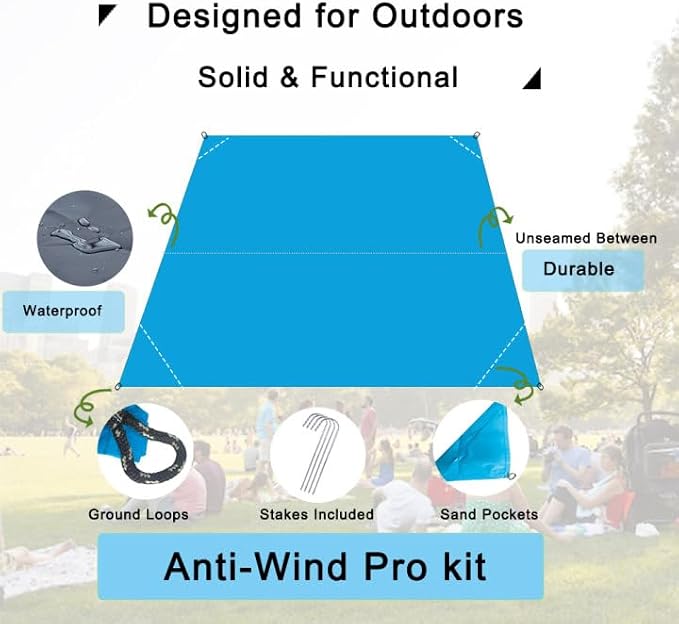 Outdoor Pocket Blanket, 55"x79" Waterproof Foldable Compact Small Picnic Blanket, Ultralight Tarp for Camping, Festival, Beach, Hiking, Backpacking, Travel, Stakes Included (Sky Blue)
