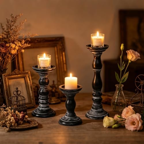 Vintage Pillar Candle Holders Set of 3 - Distressed Black Wood Candlestick Holders for Table Centerpieces, Farmhouse Decor for Fireplace Mantel, Rustic Shabby Chic Candle Pillar Holder for Home - Image 7