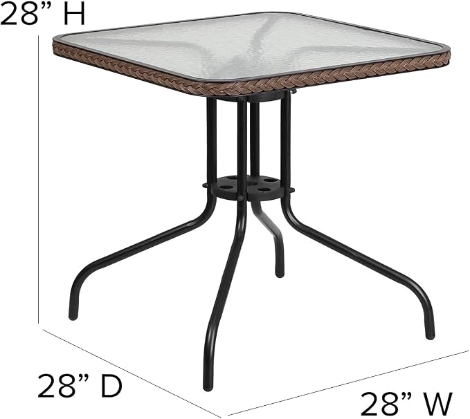 Flash Furniture Barker 28'' Square Tempered Glass Metal Table with Dark Brown Rattan Edging