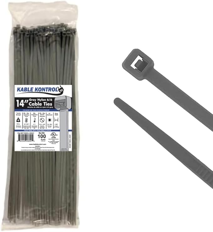 Kable Kontrol Gray Zip Ties 14 Inch 100 Pcs, 50 Lbs Tensile Strength, Self-locking Nylon Colored Cable Ties Wire Wraps for Indoor or Outdoor Use