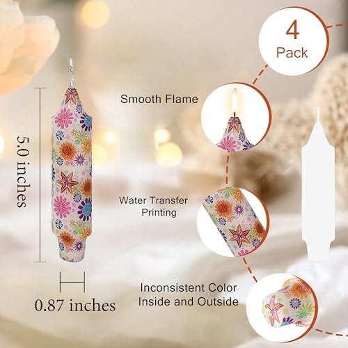 5 inch Short Candle Floral Candle Sticks Seashell Printed Candles Stick Handmade Unscented Taper Candle 4 Pack Flower Tapered Candles for Evening Wedding, Bohemian Seaside Theme Home Decor - Image 3