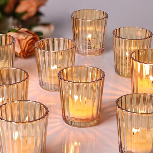 NITIME 24PCS Vintage Ribbed Gold Votive Candle Holders, Glass Candle Holder for Wedding Decorations, Tealight Candle Holder for Table Centerpiece, Diwali, Home and Party Decorations by NITIME