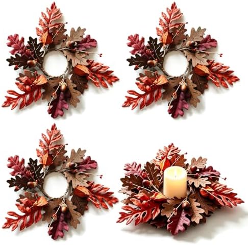 4 PCS Fall Maple Leaves Candle Ring Wreaths Autumn Wooden Leaves Candle Holder Rings with Acorns Berries Lantern Fruit Thanksgiving Harvest Wreath for Pillar Candles Farmhouse Table Centerpiece Decor by Unknown