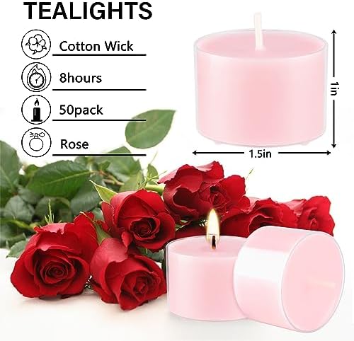 Rose Scented Candle Tealight Candles in Clear Cup, 8 Hours Consistent Smkless Clean Burning, Great for Valentine's Day Holiday, Wedding, Spa, Emergency and Home Decoration（Pink，50 Pack） - Image 4