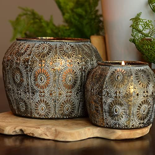 2 Piece Daisy Hurricane Lantern Set, Distressed Gold - Image 5