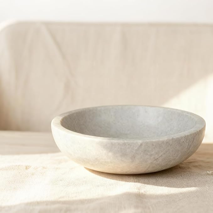 White Travertine Bowl, 7.8" Natural Stone Centerpiece for Minimalist Home Decor, Handmade Spa Style Fruit Bowl, Zen Meditation Bowl, Pure Tabletop Sculpture