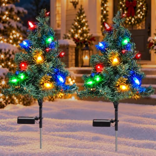 Solar Christmas Trees for Outside, Waterproof Pathway Stake Lights, 2 Pack by JOHUNT