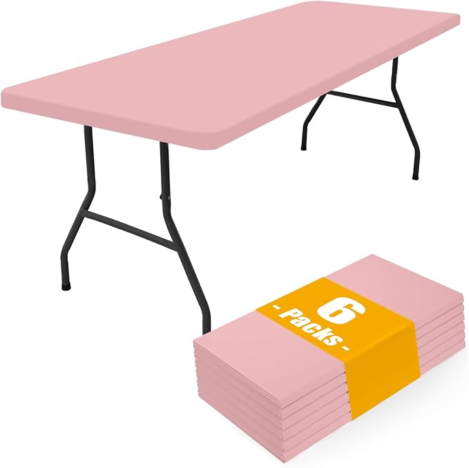 Smiry 6 Pack Rectangle Picnic Table Cloth, Waterproof Elastic Fitted Tablecloths, Washable Polyester Rectangular Patio Table Cover for Camping, Indoor and Outdoor (Baby Pink, 30"x72")