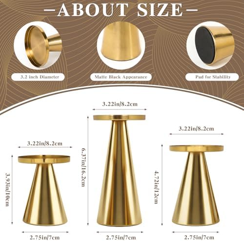 Set of 3 Gold Iron Pillar Candle Holders 4 & 4.7 & 6.4 Inch Tall - Image 3
