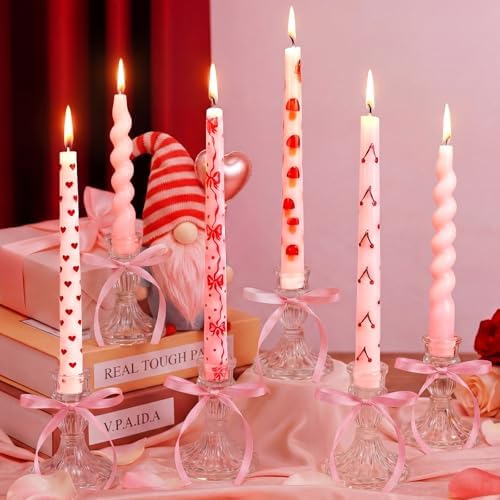 Nuanchu 12 Pcs Galentine's Day Taper Candles Valentines Heart Bow Pink Spiral Candle Sticks Real Wax for Valentines Day Bridal Shower Wedding Anniversary Birthday Dinner Table Home Decor by Nuanchu