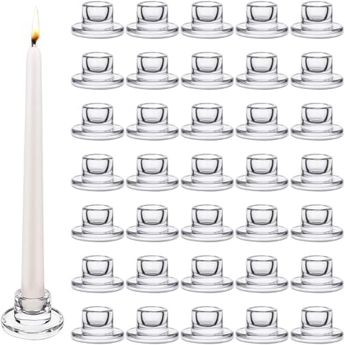 36 PCS Glass Taper Candle Holders Bulk Candlestick Holders Clear Short Tapered Candle Stick Holder Decor Set for Table Centerpiece Wedding Party Advent Christmas Home Decorations (36, Clear) by Mkhaslri