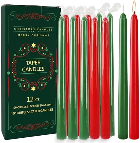 12-Pack 10-Inch Green & Red Christmas Taper Candles - Perfect for Holiday Decorations and Parties by Aamdkcyu