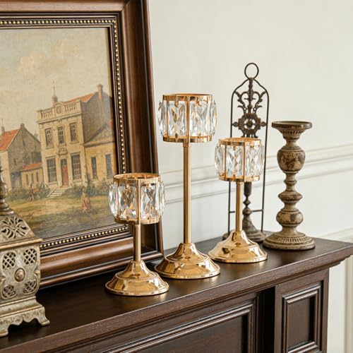 Set of 3 Metal Crystal Candle Holders, 11/9/7 Inch Elegant Tealight Candelabra Centerpiece for Wedding Table Decor, Tiered Home Party Decoration (3, Gold-11+9"+7") - Image 4