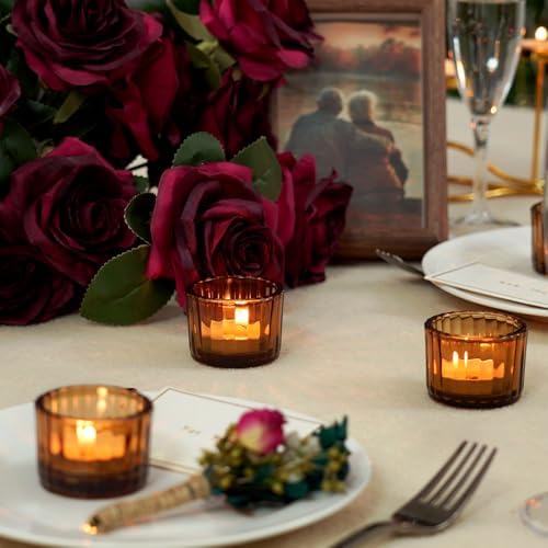Homemory 24 Pcs Tealight Candle Holders, Amber Votive Candle Holders, Glass Candle Holder for Table Centerpiece, Wedding, Baby Shower, Birthday, Party, Halloween, Christmas - Image 3