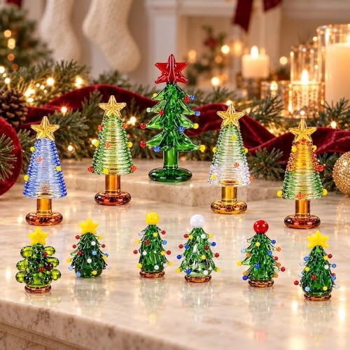 11 Pcs Mini Blown Glass Christmas Tree Figurines Tabletop Collectible Decor by HDHYALINEDORA