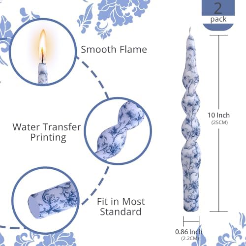 NJAO HOO Floral Taper Candles 10 in Spiral Candlesticks Hand Printed Blue Flower Candlestick Twisted Taper Candle for Home Garden Decor, 2Pcs - Image 3