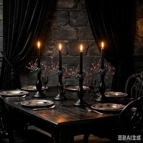 6 Pcs 1.38" Mini Halloween Taper Candle Rings Wreaths Small Artificial with Black Spiders Orange Berries Black Twigs Taper Candle Holder Wreath for Spooky Farmhouse Home Candlesticks Decor - Image 6