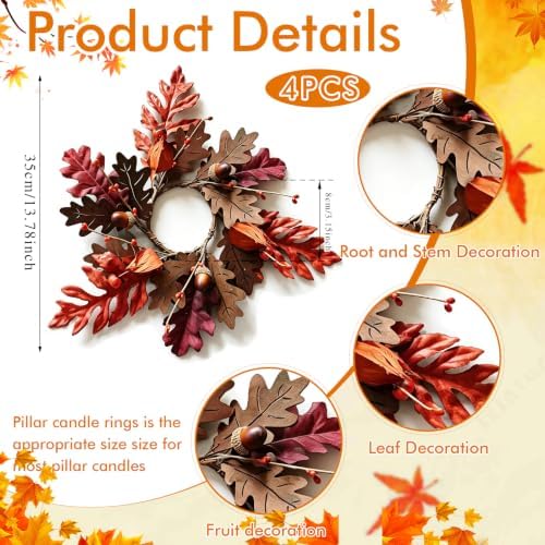 4 PCS Fall Maple Leaves Candle Ring Wreaths Autumn Wooden Leaves Candle Holder Rings with Acorns Berries Lantern Fruit Thanksgiving Harvest Wreath for Pillar Candles Farmhouse Table Centerpiece Decor - Image 4