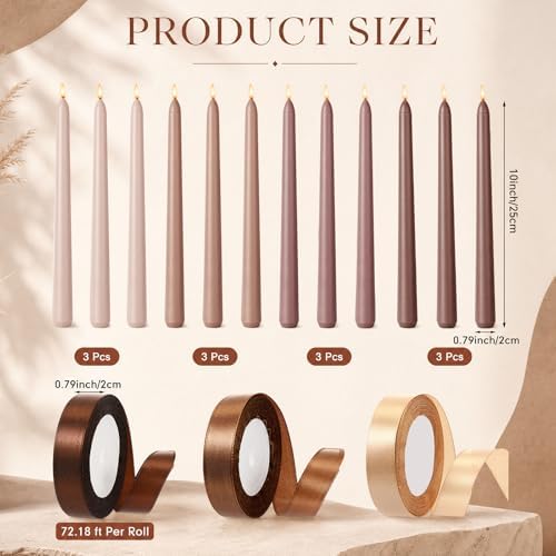 12 Pcs Fall Party Decor Brown Taper Candles with 3 Roll Ribbon - Image 2