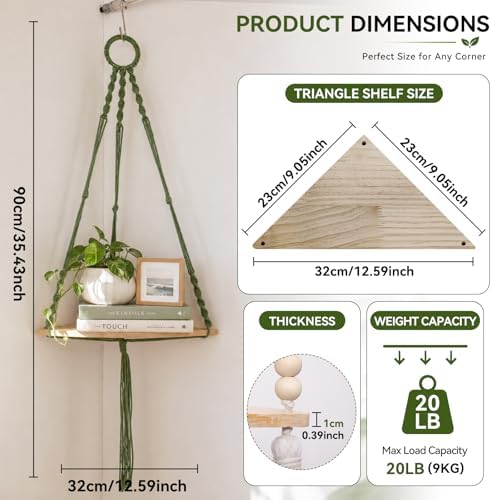 Artilady Macrame Corner Shelf Wall Hanging, Adjust Green Boho Wall Decor - Image 2