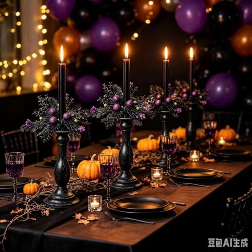 6 Pcs 1.38" Mini Halloween Taper Candle Rings Wreaths Small Artificial with Black Foliage Purple Glitter Balls Green Berries Purple Flowers Taper Candle Holder Wreath for Gothic Spooky Farmhouse Home - Image 3