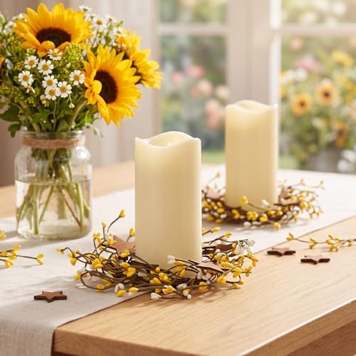 Daifunli 2 Pcs Summer Country Primitive Yellow Pip Berry with Rusty Tin Stars Candle Ring Vintage Pip Berries Wreaths for Pillar 3.9 Inch Candles Holder for Summer Rustic Table Centerpiece Decor by Huiinen