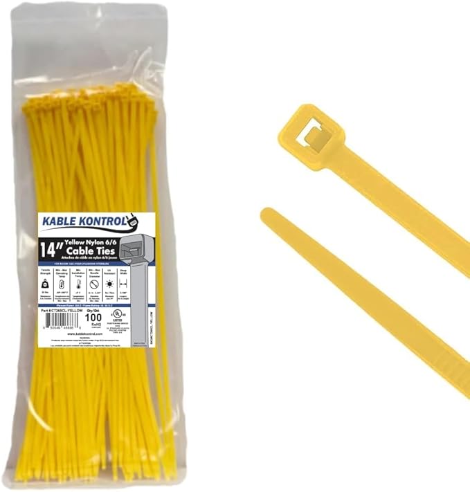 Kable Kontrol Yellow Zip Ties 14 Inch 100 Pcs, 50 Lbs Tensile Strength, Self-locking Nylon Colored Cable Ties Wire Wraps for Indoor or Outdoor Use