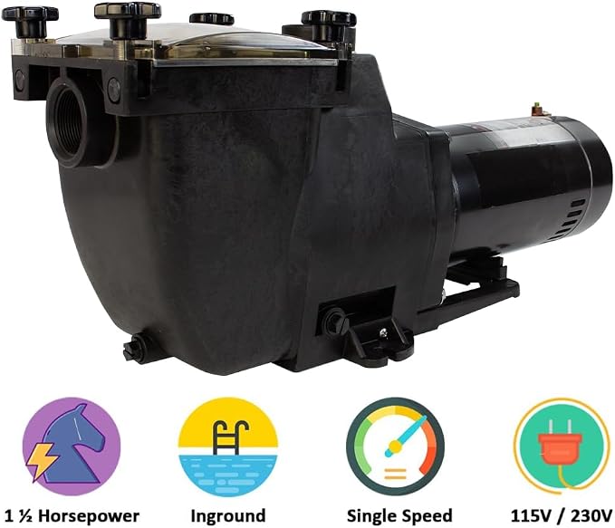 Rx Clear Super Hi-Flow 1-1/2 HP In-Ground Pool Pump | 48 Frame Motor | 115/230 Volts | See-through Strainer Lid | High Efficiency