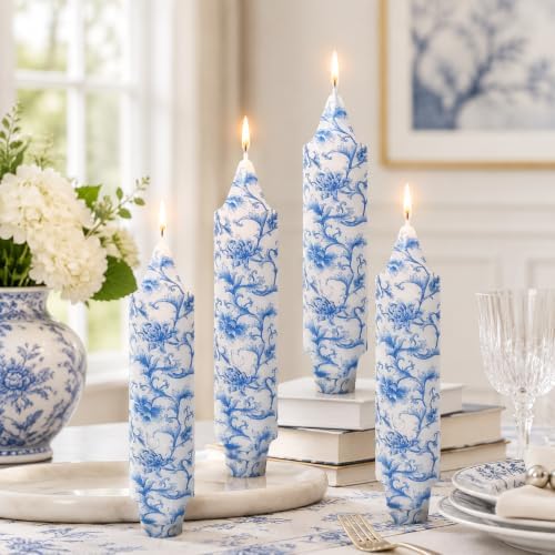 NJAO HOO Floral Taper Candles 5 Inch Short Candlesticks Hand Printed Blue and White Floral Candlesticks Unscented Tapered Candle Set for Spring Home Garden Decor, 4Pcs - Image 3