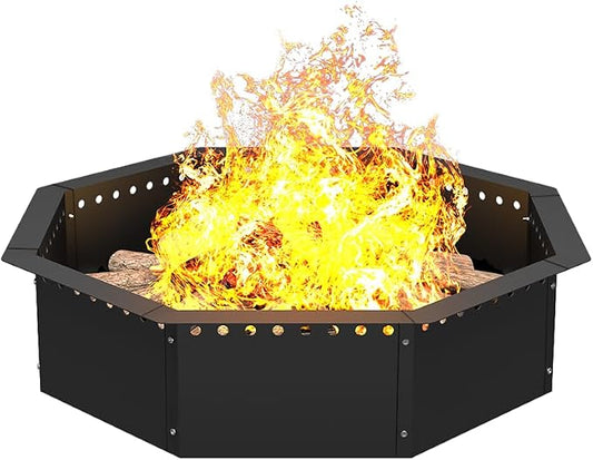 Mocomax Smokeless Fire Pit Ring 28-Inch Outer 24-Inch Inner Diameter, Large Solid Steel Firepit Liner for Outside Wood Burning, DIY Campfire Ring Above or In-Ground for Outdoor, Octagonal