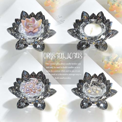 Lotus Black Crystal Tea Candle Holder Crystal Wishing Tealight Candlestick Stand Exquisite Desktop Decoration Holiday Celebration Wedding Restaurant Party Atmosphere Decoration (4 Pcs, Dark Grey) - Image 3