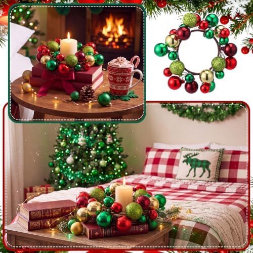 Daifunli 2 Pcs Christmas Ball Needle Candle Ring Red Green Glitter Lemon Green Artificial Wreath for Pillar 3.5 Inch Candle Holder for Winter Xams Country Wedding Table Centerpiece Decor - Image 6