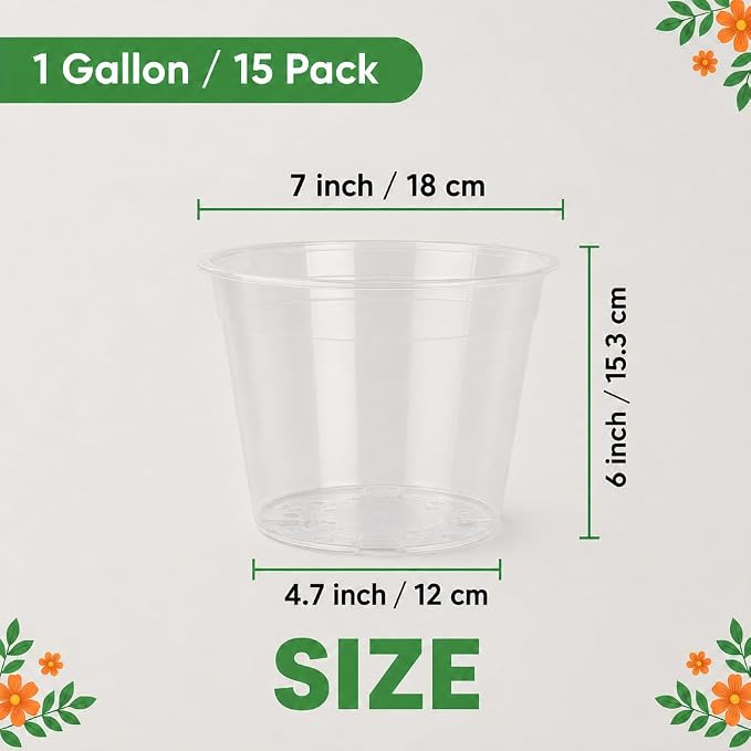 1 Gallon Clear Nursery Pots 15 Pack, 7 Inch Plastic Plant Pots with Drainage Holes, Transparent Planters for Root Monitoring, Seedlings, Succulents, Flower, Indoor Outdoor