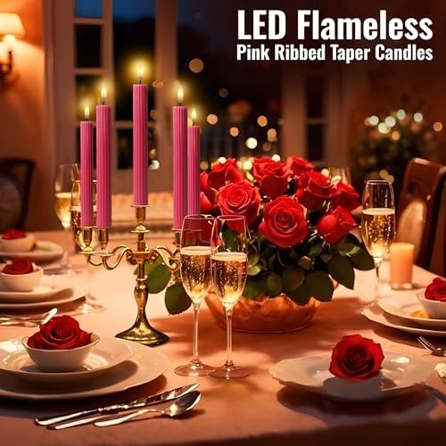 6 Pack, 10" LED Flameless Real Wax Pink Ribbed Taper Candles w/Remote Controller, On/Off Button, Dimmable, Flicker/Static Mode, Battery Operated, Holiday Christmas Menorah Wedding Decor - Image 6