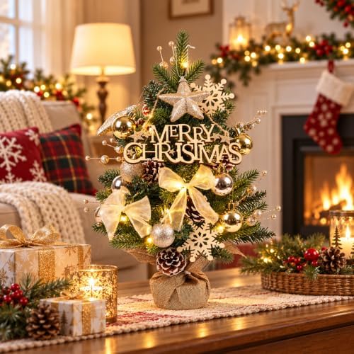 Pre-Lit 18" Tabletop Christmas Tree, Mini Xmas Tree w/ Ornaments Set by DTNESS