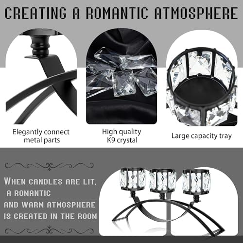 Black 3-Arm Crystal Candle Holders Arched - Elegant Tabletop Candelabra Centerpiece for Weddings, Dining Room Decor, Modern Home & Cabinet Display for & Housewarming - Image 3